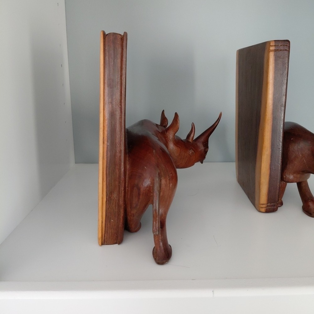 Vintage Hand Carved Natural Wood African RHINO Bookends Heavy Artist Detailed - Picture 6 of 16